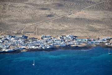 Aerial view towards the small island La Graciosa close to Lanzarote, Canary Islands, Spain