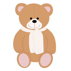 Light brown teddy bear in a scarf on a white background. Vector, flat style.