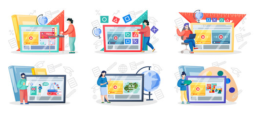 Online education concept. E-learning, home schooling. Man student working on laptop. Teacher leads lesson on display. Web courses or tutorials concept. Education platform modern digital technologies
