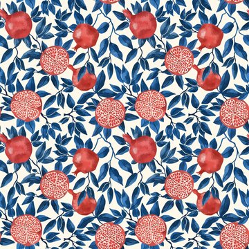 Seamless pattern with pomegranate fruits and seeds illustration. Design for cosmetics, spa, pomegranate juice, health care products, perfume. Beige background.