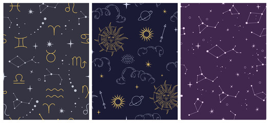 Vector seamless pattern with celestial mystic esoteric magic elements sun moon and clouds Different stages of moon, zodiac Signs. Alchemy tattoo template