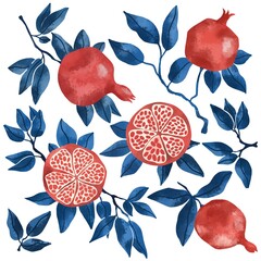 Set of pomegranate fruits and seeds illustration on white background. Jpeg in high resolution for floral design - 478325312