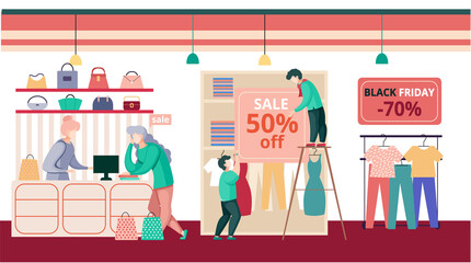 Women in clothing store on black friday. Seasonal discount offers clothes on sale. Closeout in boutique. Happy shopaholic makes purchase. Satisfied female customer with shopping bags in fashion market