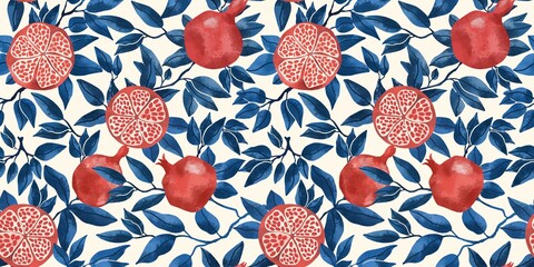 Seamless pattern with pomegranate fruits and seeds illustration. Design for cosmetics, spa, pomegranate juice, health care products, perfume. Beige background.