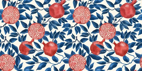 Seamless pattern with pomegranate fruits and seeds illustration. Design for cosmetics, spa, pomegranate juice, health care products, perfume. Beige background. © DaisyArt