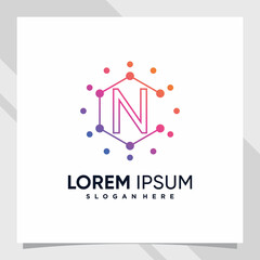 Creative technology logo design initial letter n with line art and dot style