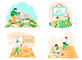 Fototapeta premium Non dairy nut vegan milk scenes set. Vegetarianism concept, plant-based vegan healthy milk, fresh organic drink. Healthy alternative to lactose milk, environmentally friendly product, natural protein