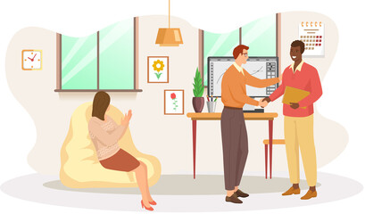 Working people. Office staff, work and communication. Head and subordinates. Various workers, managers team. Business employees on workspace. Office workers. Co-workers. Colleagues project teamwork