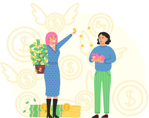 Gap between rich and poor. Rich happy woman scatter money, poor girl puts coins in piggy bank. Financial success concept with thrifty person and wealthy lady. Monetary superiority, thriftiness