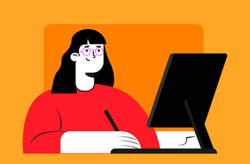 Female flat character drawing on a computer, digital artist, graphic designer vector illustration. Woman working in office