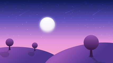 Fantasy Wallpaper. Night Sky With Moon And Shooting Stars Over Hills And Trees. Fantasy background. Scenery wallpaper. 