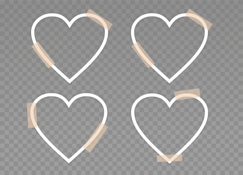Set of hearts with beige sticky tape. Mockup for your design. Empty white frames in the shape of hearts. Blank template isolated on a transparent background. Photo card collage.