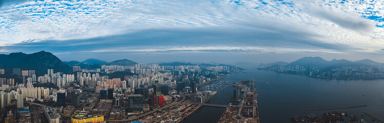 Naklejka na ściany i meble Aerial panorama landscapes of Hong Kong city in sunset