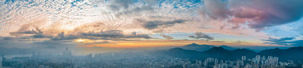 Aerial panorama landscapes of Hong Kong city in sunset