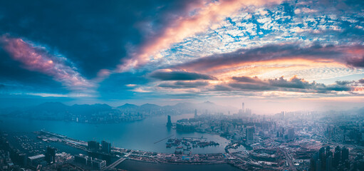 Naklejka na ściany i meble Aerial panorama landscapes of Hong Kong city in sunset