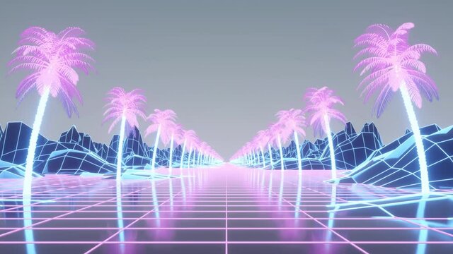 Retro Synthwave Background. Camera moves along the synthwave wireframe net
