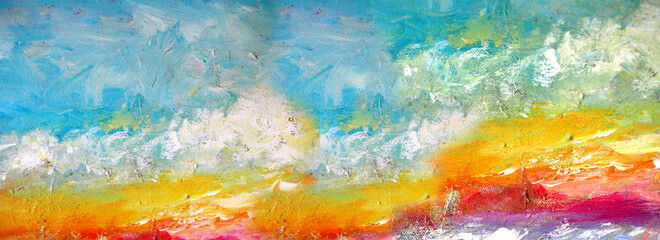 Hand drawn colorful sky painting abstract art panorama background colors texture.
