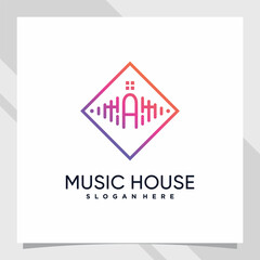 Music and house logo design initial letter a with line art style