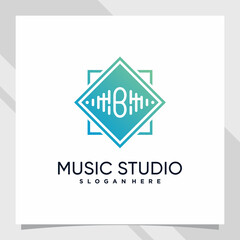 Music studio logo design initial letter b with line art and negative space concept