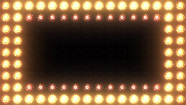 Colorful loop led back wall light bulbs. Glowing lamp background animation. Golden motion background for music video or stage event entertainment or concert. Copy space for text or logo