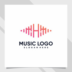 Music logo design initial letter h with line art and creative concept