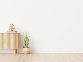Wall mockup in living room interior with wooden slat curved furniture, trendy green snake plant in basket and wicker lantern on empty white background. 3D rendering, illustration - obrazy, fototapety, plakaty