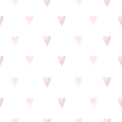 Watercolor seamless pattern with bright pink hearts. Isolated on white background. Hand drawn clipart. Perfect for card, fabric, tags, invitation, printing, wrapping.
