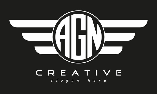 AGN three letter monogram type circle letter logo with wings vector template.