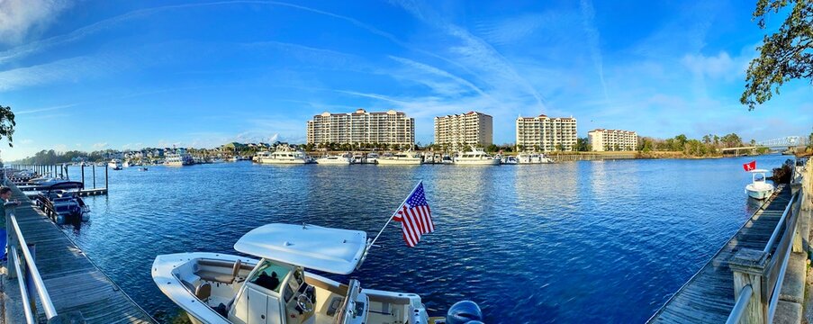 Barefoot Landing, Little River, Marina and condominium buildings in North Myrtle Beach, South Carolina. Panoramic view