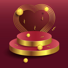 Valentine's Day interior with red platform on red background. Gold podium with an arch in the form of a heart. 3d rendering