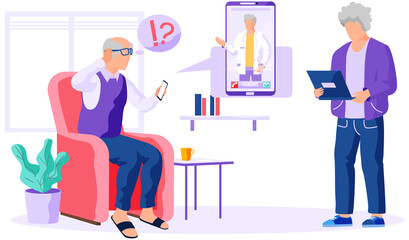 Elderly people and digital technology pensioner man sits at computer communicates with doctor online. Concept of telemedicine, distance health care for retired people with medical application in phone
