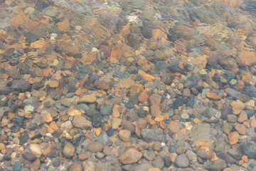 River pebbles under water. Background