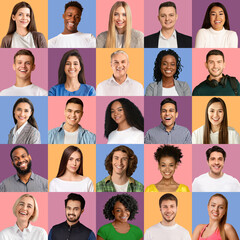 Fototapeta na wymiar Multiracial cheerful people photos on pastel backgrounds, set
