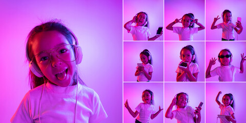Fototapeta na wymiar Set of images of little cute kid, beautiful girl isolated on purple studio background in neon light. Emotions, facial expression, childhood concept