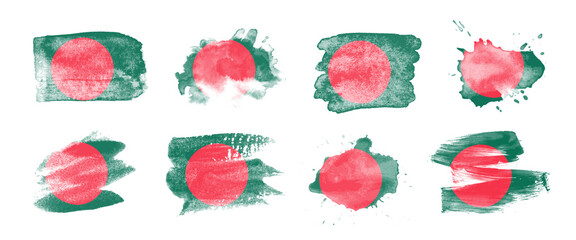 Painted flag of Bangladesh in various brushstroke styles.