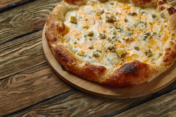 Italian Pizza Quattro formaggi on wooden table