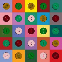 Multicolored squares with buttons. Patchwork for decoration