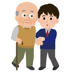 ヤングケアラー　祖父の歩行介助をする男子学生　イラスト