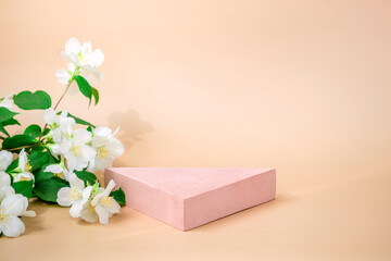 A podium for the presentation of a product or cosmetics on a pastel background with a sprig of...