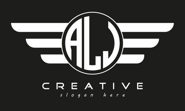 ALJ three letter monogram type circle letter logo with wings vector template.