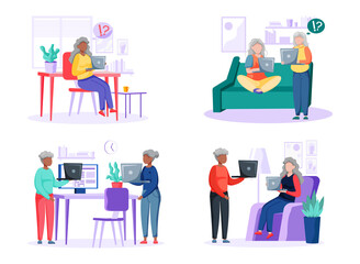 Old people try to use phone, game console, computer, tablet and laptop. Elders spend time on social media. Characters learn new technologies on internet. Women and men communicate through gadget