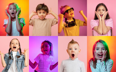 Collage of portraits of little cute kids, boys and girls isolated on multicolored studio background...