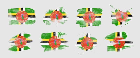 Painted flag of Dominica in various brushstroke styles.