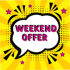 Obraz premium Comic book explosion with text Weekend Offer, vector illustration. Weekend Offer in comic pop art style. Comic advertising concept with Weekend Offer wording. Modern Web Banner Element