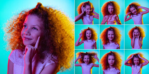 Naklejka premium Set of images of little red-headed kid, schoolgirl isolated on blue studio background in neon light. Emotions, facial expression, childhood concept