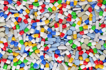 Colorful pills background. Top view. 3d illustration.