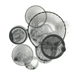 Fotobehang Watercolor bubble soap blot drop splash. Abstract texture black color stain on white background. © Liliia