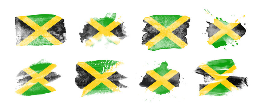 Painted flag of Jamaica in various brushstroke styles.