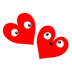 Naklejka na ściany i meble Red heart icon set. Cute face head. Happy Valentines Day. Kawaii cartoon funny baby character. Love sign symbol. Two hearts emoji couple. Greeting card. Flat design. White background. Isolated.