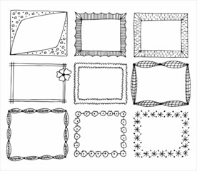 Set of rectangular frames in hand drawn doodle style